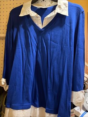 Karen Scott Royal Blue V‑Neck Layered Look Top with White Collar